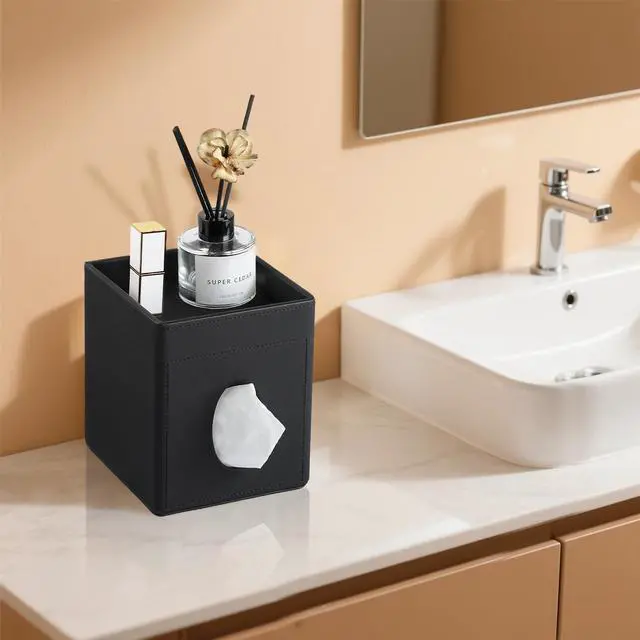 Alt view image 6 of 7 - Tissue Box Cover, PU Leather Square Tissue Box Holder with Storage Tray for Bathroom Vanity Countertop Night Stands Bedroom Office Desk, Stylish Tissue Holder Decorative Organizer (Black)