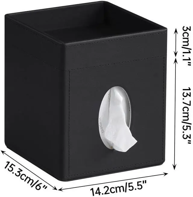 Alt view image 7 of 7 - Tissue Box Cover, PU Leather Square Tissue Box Holder with Storage Tray for Bathroom Vanity Countertop Night Stands Bedroom Office Desk, Stylish Tissue Holder Decorative Organizer (Black)