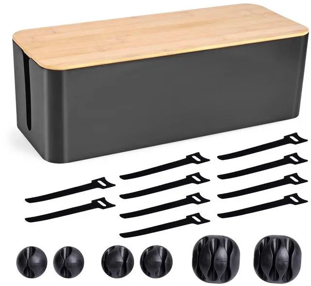 Main image of Cable Management Box, Wooden Style Large Cord Organizer Box | Wires & Power Strips Cord Hider, Desk Computer Cable Organizer, 16" (L) x 6.2" (W) 5.3" (H), for Home & Office, Black