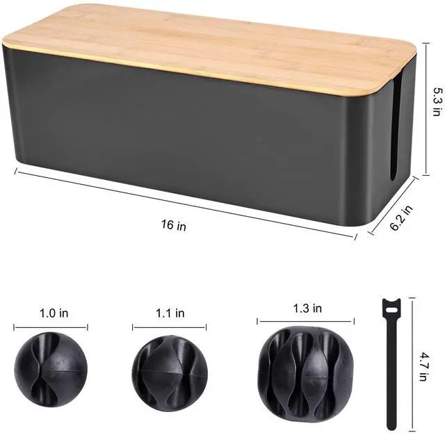 Alt view image 2 of 7 - Cable Management Box, Wooden Style Large Cord Organizer Box | Wires & Power Strips Cord Hider, Desk Computer Cable Organizer, 16" (L) x 6.2" (W) 5.3" (H), for Home & Office, Black