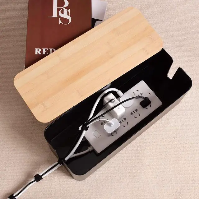 Alt view image 3 of 7 - Cable Management Box, Wooden Style Large Cord Organizer Box | Wires & Power Strips Cord Hider, Desk Computer Cable Organizer, 16" (L) x 6.2" (W) 5.3" (H), for Home & Office, Black