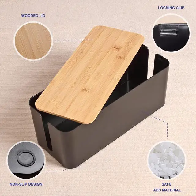 Alt view image 4 of 7 - Cable Management Box, Wooden Style Large Cord Organizer Box | Wires & Power Strips Cord Hider, Desk Computer Cable Organizer, 16" (L) x 6.2" (W) 5.3" (H), for Home & Office, Black