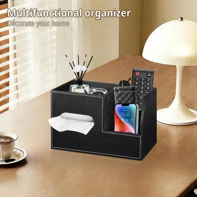 Alt view image 2 of 7 - Leather Square Tissue Box Cover with Storage Tray,Cube Tissue Box Holder,Modern Facial Paper Organizer with Remote Control Holder for Bathroom,Vanity Countertop,End Table NightStand Home Office.Black