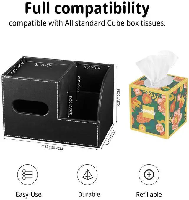 Alt view image 3 of 7 - Leather Square Tissue Box Cover with Storage Tray,Cube Tissue Box Holder,Modern Facial Paper Organizer with Remote Control Holder for Bathroom,Vanity Countertop,End Table NightStand Home Office.Black