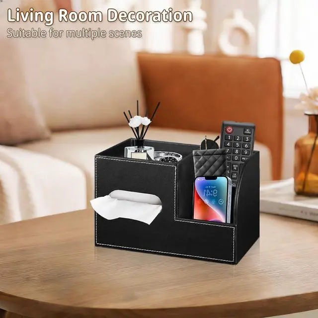 Alt view image 6 of 7 - Leather Square Tissue Box Cover with Storage Tray,Cube Tissue Box Holder,Modern Facial Paper Organizer with Remote Control Holder for Bathroom,Vanity Countertop,End Table NightStand Home Office.Black