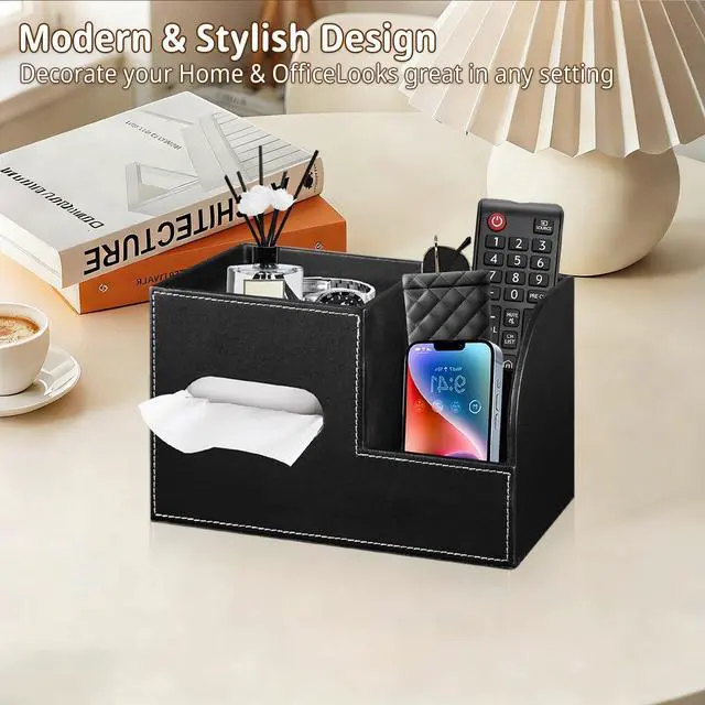 Alt view image 7 of 7 - Leather Square Tissue Box Cover with Storage Tray,Cube Tissue Box Holder,Modern Facial Paper Organizer with Remote Control Holder for Bathroom,Vanity Countertop,End Table NightStand Home Office.Black