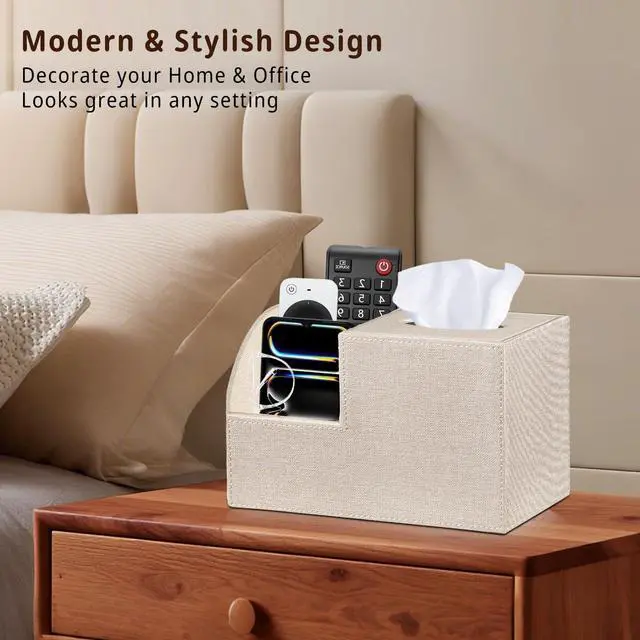 Alt view image 2 of 7 - PU Leather Square Tissue Box Cover - Multi-Functional Tissue Box Holder, Tissue Box Cover with Storage,Tissue and Remote Control Holder, Cube Tissue Box Organizer Bedroom Nightstand End Table