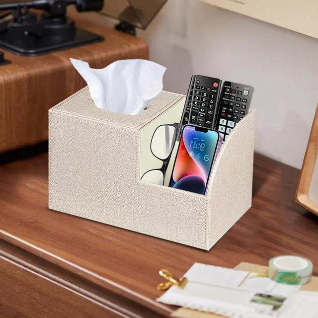 Alt view image 7 of 7 - PU Leather Square Tissue Box Cover - Multi-Functional Tissue Box Holder, Tissue Box Cover with Storage,Tissue and Remote Control Holder, Cube Tissue Box Organizer Bedroom Nightstand End Table