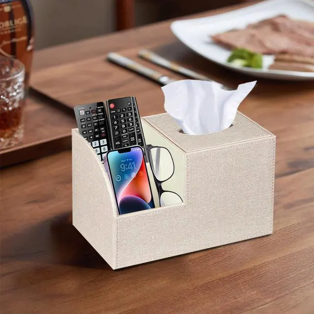 Alt view image 6 of 7 - PU Leather Square Tissue Box Cover - Multi-Functional Tissue Box Holder, Tissue Box Cover with Storage,Tissue and Remote Control Holder, Cube Tissue Box Organizer Bedroom Nightstand End Table