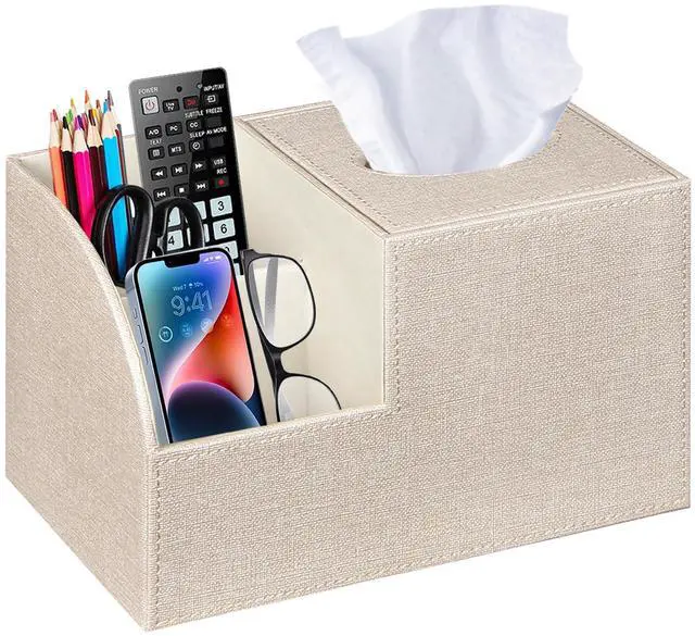 Main image of PU Leather Square Tissue Box Cover - Multi-Functional Tissue Box Holder, Tissue Box Cover with Storage,Tissue and Remote Control Holder, Cube Tissue Box Organizer Bedroom Nightstand End Table