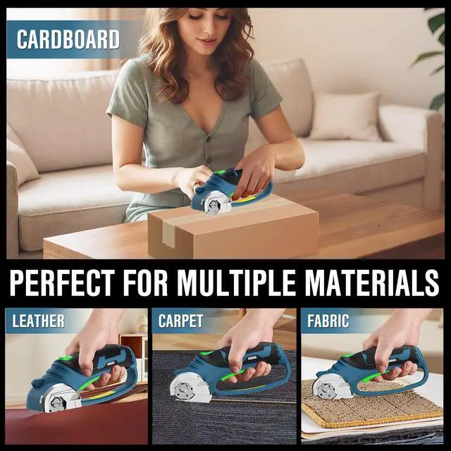 Alt view image 6 of 6 - Cordless Electric Scissors for Cardboard Cutter with 4 SK5 Blades | 4V Electric Box Cutter, 1/3 Cutting Capacity, 2000mAh Battery, Power Cutter for Fabric Carpet Leather - Blue