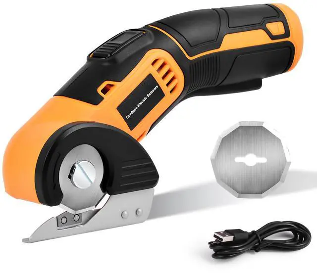 Main image of Cordless Electric Scissors, 4 V Rechargeable Rotary Cutter with Rechargeable LED Light, Safety Lock for Cutting Fabric, Cardboard, Leather, Carpet and PVC BoxesYellow