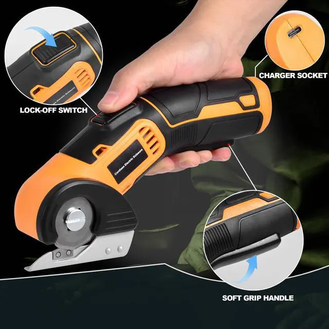Alt view image 5 of 7 - Cordless Electric Scissors, 4 V Rechargeable Rotary Cutter with Rechargeable LED Light, Safety Lock for Cutting Fabric, Cardboard, Leather, Carpet and PVC BoxesYellow
