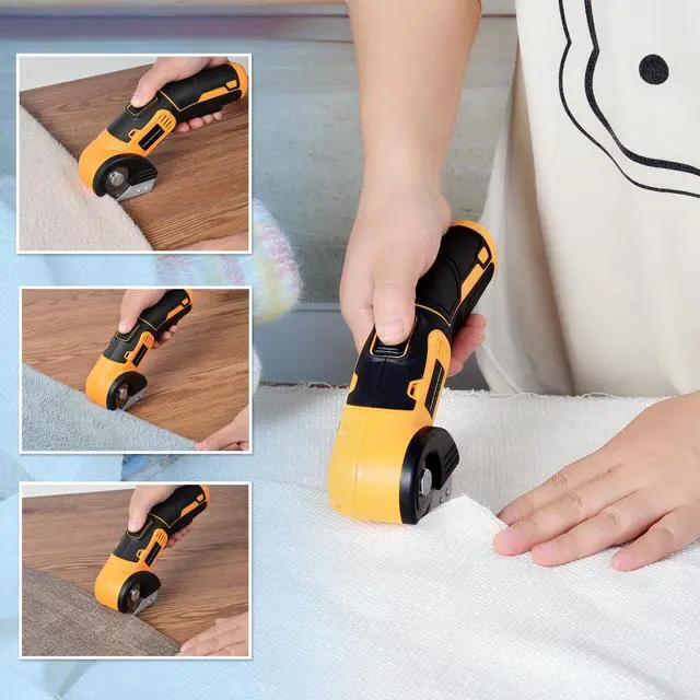 Alt view image 7 of 7 - Cordless Electric Scissors, 4 V Rechargeable Rotary Cutter with Rechargeable LED Light, Safety Lock for Cutting Fabric, Cardboard, Leather, Carpet and PVC BoxesYellow