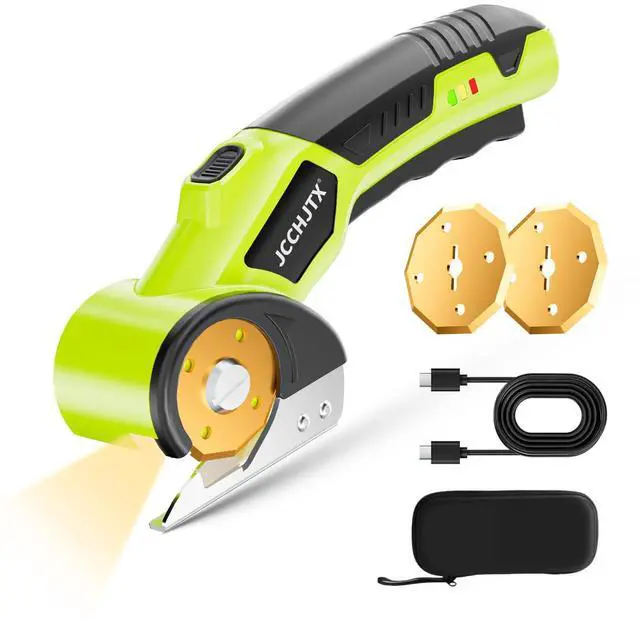 Main image of Cordless Electric Scissors, Cardboard Cutter with LED Light, 4V Rechargeable Electric Box Cutter, 2 SKS7 Blade, Suitable for Cloth, Cardboard, Leather, Plastic, Fabric (Green)