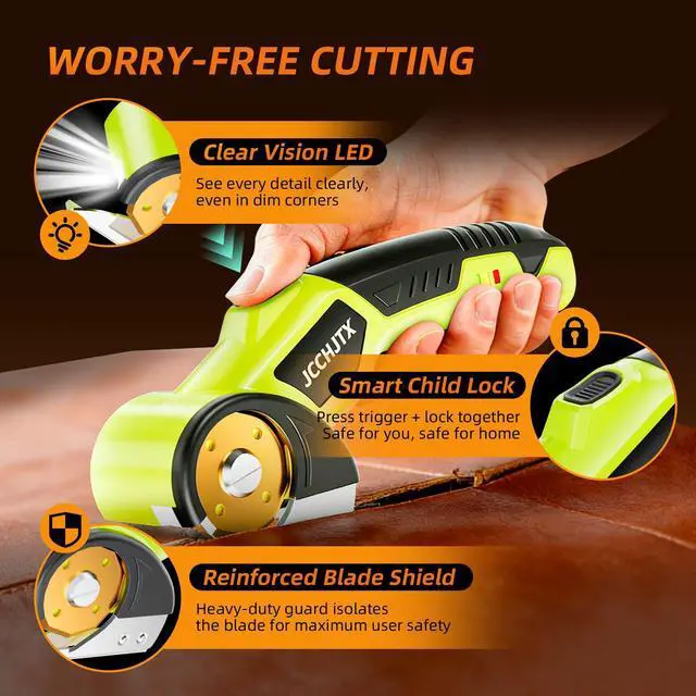 Alt view image 2 of 7 - Cordless Electric Scissors, Cardboard Cutter with LED Light, 4V Rechargeable Electric Box Cutter, 2 SKS7 Blade, Suitable for Cloth, Cardboard, Leather, Plastic, Fabric (Green)