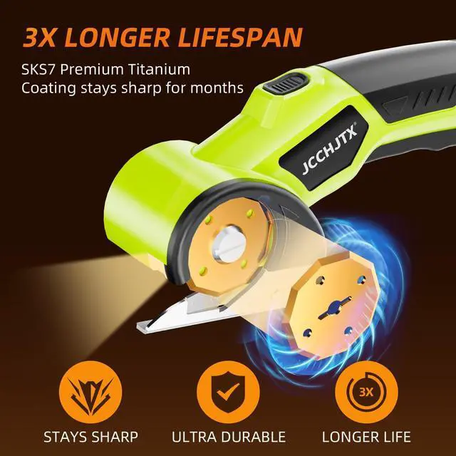 Alt view image 3 of 7 - Cordless Electric Scissors, Cardboard Cutter with LED Light, 4V Rechargeable Electric Box Cutter, 2 SKS7 Blade, Suitable for Cloth, Cardboard, Leather, Plastic, Fabric (Green)