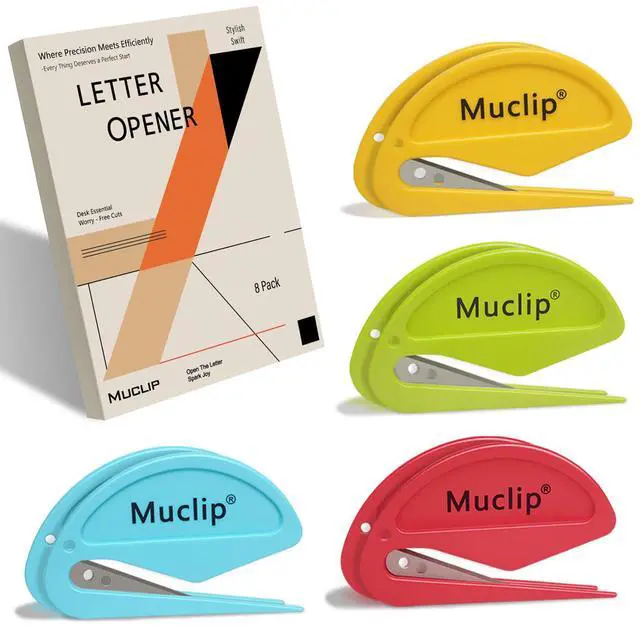 Main image of 8 Pack Letter Opener Envelope Slitter - Ergonomic ABS Grip, Hidden Stainless Steel Blade,Fast Opener for Envelope,LetterMail,Package,Ideal for Office,Home,Business (Boxed)
