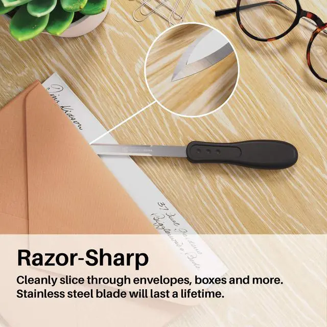 Alt view image 3 of 6 - Office Letter Opener - Stainless Steel Knife-Edge Blade, Ergonomic Grip Handle (Black, 1 Pieces)