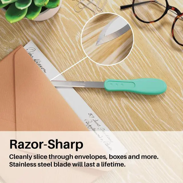 Alt view image 3 of 6 - Office Letter Opener - Stainless Steel Knife-Edge Blade, Ergonomic Grip Handle (Mixed Colors, 3 Pieces)