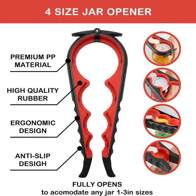 Alt view image 3 of 7 - Jar Opener for Weak Hands, Seniors with Arthritis, 5 in 1 Multi Function Bottle Opener Lid Opener For Arthritic Hands with Corkscrew Wine Opener (red)