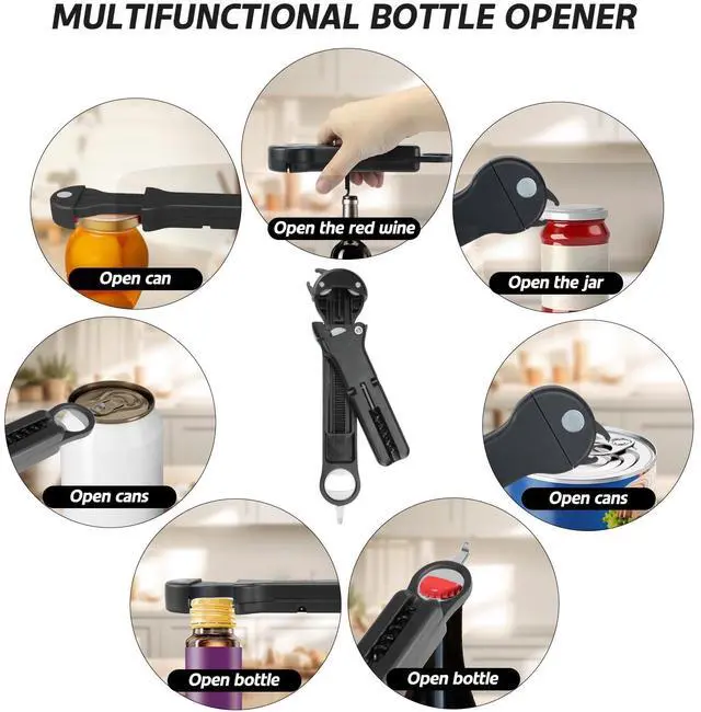 Alt view image 2 of 7 - Jar Opener for Seniors with Arthritis, 7 in 1 Bottle Opener and Wine Corkscrew, Easy Grip Kitchen Gadget for Weak Hands Elderly, Retractable Jaw Lid Opener with Magnetic Storage (Black)