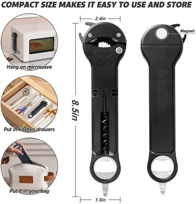 Alt view image 5 of 7 - Jar Opener for Seniors with Arthritis, 7 in 1 Bottle Opener and Wine Corkscrew, Easy Grip Kitchen Gadget for Weak Hands Elderly, Retractable Jaw Lid Opener with Magnetic Storage (Black)