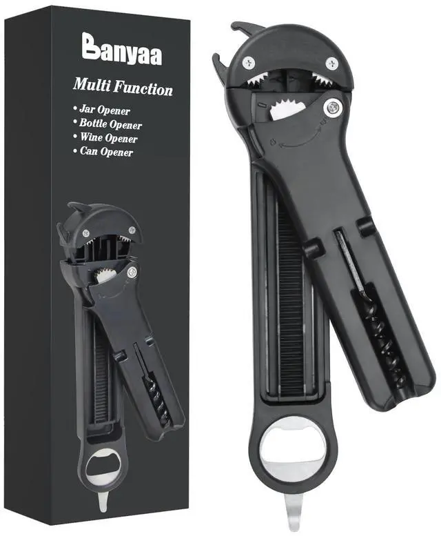 Main image of Jar Opener for Seniors with Arthritis, 7 in 1 Bottle Opener and Wine Corkscrew, Easy Grip Kitchen Gadget for Weak Hands Elderly, Retractable Jaw Lid Opener with Magnetic Storage (Black)