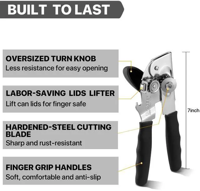 Alt view image 2 of 7 - Can Opener Manual Heavy Duty, Hand Held Can Openers for Seniors with Comfort Grip Sharp Blade, Solid Steel Hand Manual Can Open with Magnet for Kitchen Camping, Black
