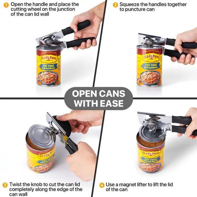 Alt view image 7 of 7 - Can Opener Manual Heavy Duty, Hand Held Can Openers for Seniors with Comfort Grip Sharp Blade, Solid Steel Hand Manual Can Open with Magnet for Kitchen Camping, Black