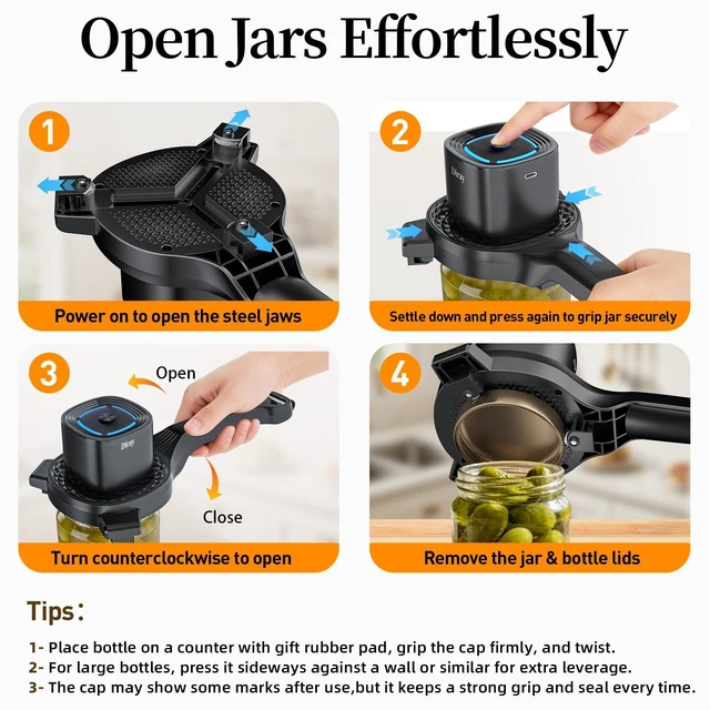 Alt view image 5 of 7 - 2-in-1 Electric Jar & Bottle Opener, Power-Clamp Auto Lock & Manual Twist, Smooth Mechanical Feel, Durable Tool for Arthritis Sufferers & Elderly, Free Anti-Slip Gripper Pad