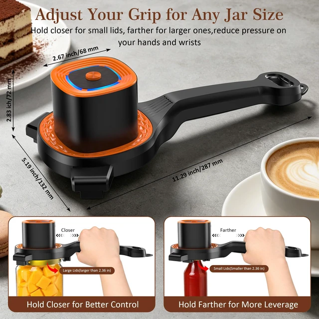 Alt view image 4 of 7 - Electric Jar Opener for Seniors with Auto-Adjusting Gripper,Fit 1"-3.5" Cap | Rechargeable Jar & Bottle Openers for Weak Hands and Arthritis, Easy Twist Off Lid Opener with Rubber Gripper PadBlack