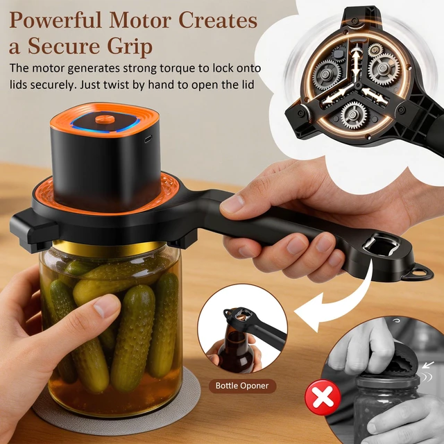 Alt view image 3 of 7 - Electric Jar Opener for Seniors with Auto-Adjusting Gripper,Fit 1"-3.5" Cap | Rechargeable Jar & Bottle Openers for Weak Hands and Arthritis, Easy Twist Off Lid Opener with Rubber Gripper PadBlack