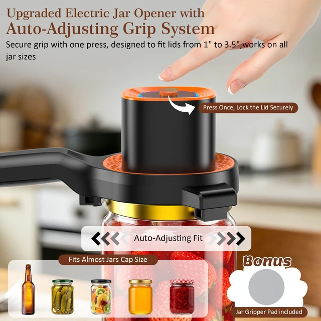 Alt view image 2 of 7 - Electric Jar Opener for Seniors with Auto-Adjusting Gripper,Fit 1"-3.5" Cap | Rechargeable Jar & Bottle Openers for Weak Hands and Arthritis, Easy Twist Off Lid Opener with Rubber Gripper PadBlack