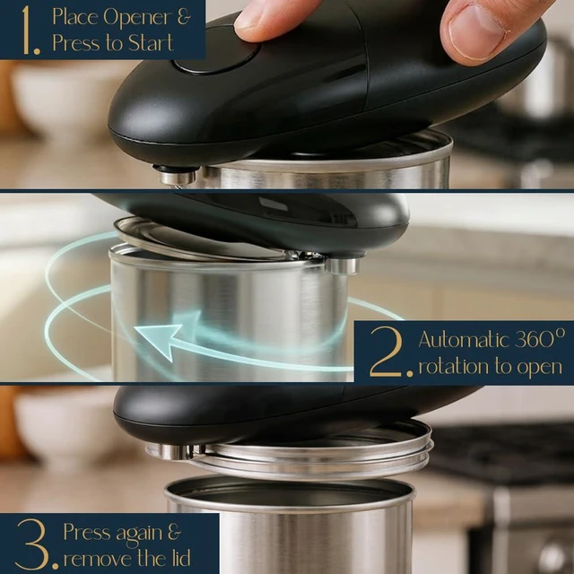 Alt view image 2 of 6 - Electric Can Opener Automatic One Touch Hands Free Can Opener for Seniors, Battery Operated Cordless, Smooth Edge Safety, Handheld Stainless Steel Blade, Open Any Size Can, Black