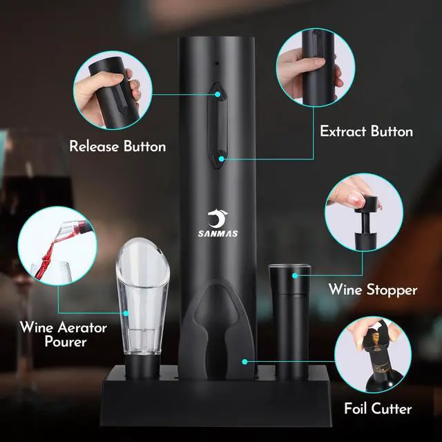 Alt view image 3 of 7 - Rechargeable Electric Wine Opener Set, 5-in-1 Automatic Corkscrew with Foil Cutter & Wine Aerator Pourer, 2 Vacuum Stoppers, Type-C Cable & Stand | Complete Wine Accessories Kit Gift Box