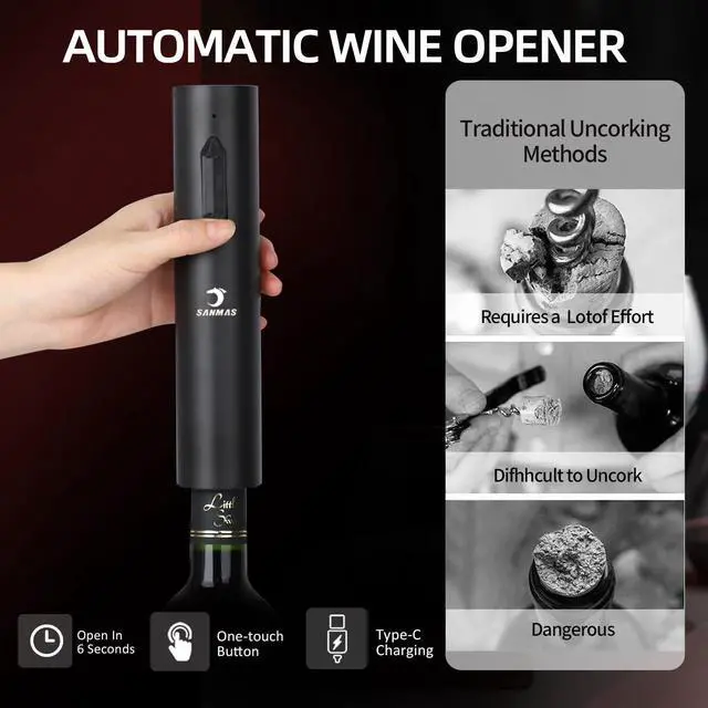 Alt view image 4 of 7 - Rechargeable Electric Wine Opener Set, 5-in-1 Automatic Corkscrew with Foil Cutter & Wine Aerator Pourer, 2 Vacuum Stoppers, Type-C Cable & Stand | Complete Wine Accessories Kit Gift Box