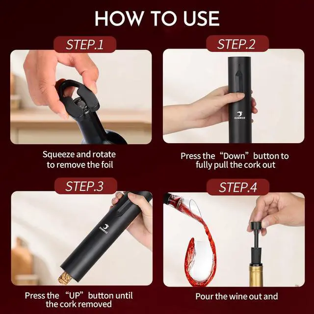 Alt view image 5 of 7 - Rechargeable Electric Wine Opener Set, 5-in-1 Automatic Corkscrew with Foil Cutter & Wine Aerator Pourer, 2 Vacuum Stoppers, Type-C Cable & Stand | Complete Wine Accessories Kit Gift Box