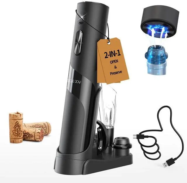 Main image of Electric Wine Opener Rechargeable, 7-in-1 Automatic Wine Bottle Opener Gift Set with Electric Vacuum Pump, Foil Cutter, Aerator Pourer, 2 Stoppers & Charging Base, Black