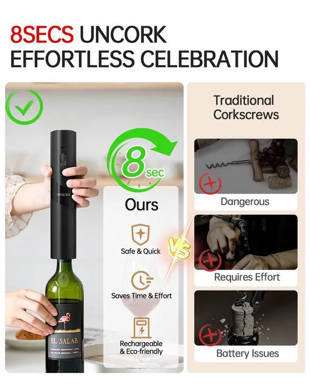 Alt view image 2 of 7 - Electric Wine Opener Rechargeable, 7-in-1 Automatic Wine Bottle Opener Gift Set with Electric Vacuum Pump, Foil Cutter, Aerator Pourer, 2 Stoppers & Charging Base, Black
