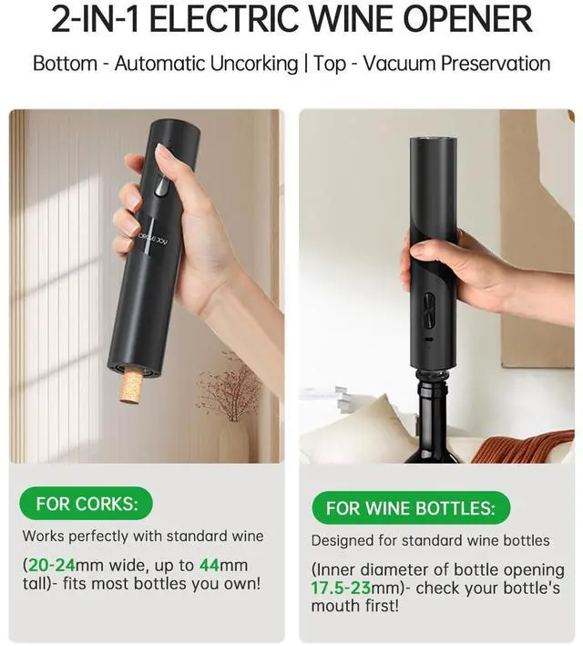 Alt view image 4 of 7 - Electric Wine Opener Rechargeable, 7-in-1 Automatic Wine Bottle Opener Gift Set with Electric Vacuum Pump, Foil Cutter, Aerator Pourer, 2 Stoppers & Charging Base, Black