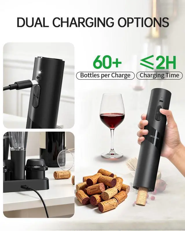 Alt view image 3 of 7 - Electric Wine Opener Rechargeable, 7-in-1 Automatic Wine Bottle Opener Gift Set with Electric Vacuum Pump, Foil Cutter, Aerator Pourer, 2 Stoppers & Charging Base, Black