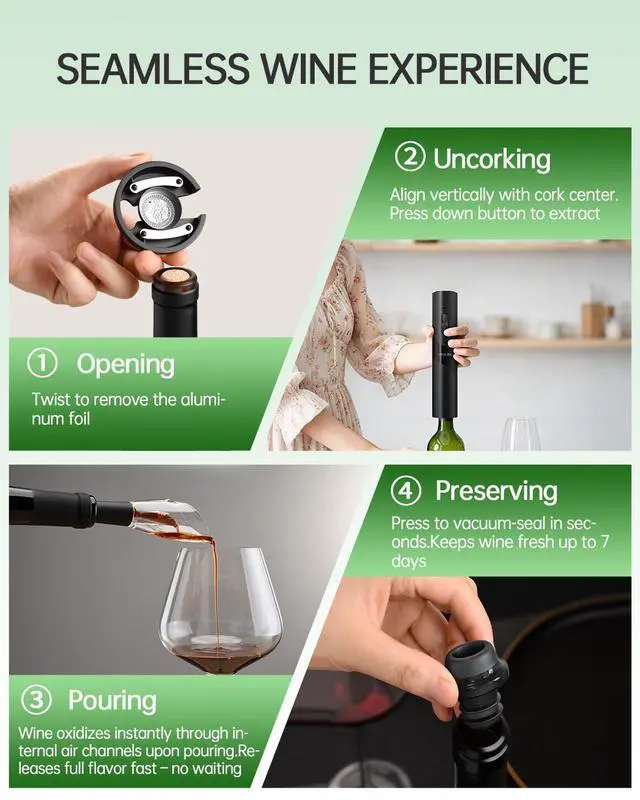 Alt view image 5 of 7 - Electric Wine Opener Rechargeable, 7-in-1 Automatic Wine Bottle Opener Gift Set with Electric Vacuum Pump, Foil Cutter, Aerator Pourer, 2 Stoppers & Charging Base, Black