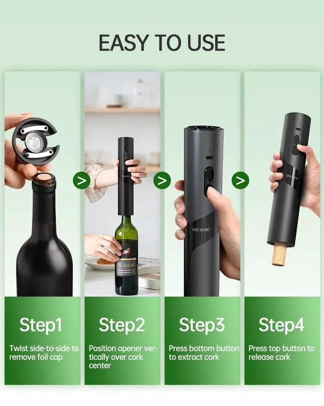 Alt view image 6 of 7 - Electric Wine Opener Rechargeable, 7-in-1 Automatic Wine Bottle Opener Gift Set with Electric Vacuum Pump, Foil Cutter, Aerator Pourer, 2 Stoppers & Charging Base, Black