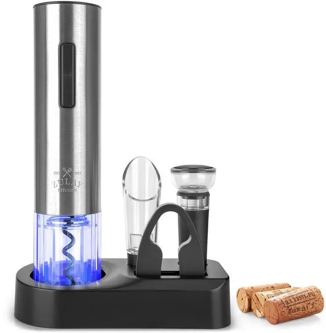 Main image of Rechargeable Electric Wine Opener Set with Storage Base - Automatic Corkscrew Wine Bottle Opener, Pourer, Foil Cutter & Vacuum Stopper - Stainless Steel Wine Gift Set, Silver