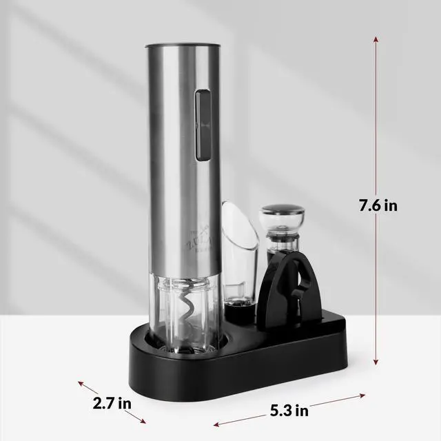 Alt view image 2 of 7 - Rechargeable Electric Wine Opener Set with Storage Base - Automatic Corkscrew Wine Bottle Opener, Pourer, Foil Cutter & Vacuum Stopper - Stainless Steel Wine Gift Set, Silver