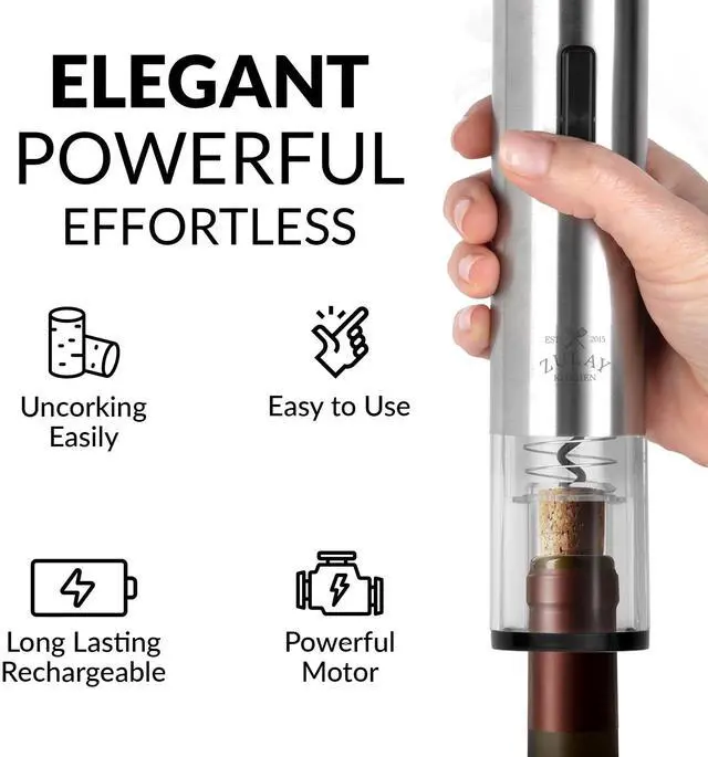Alt view image 4 of 7 - Rechargeable Electric Wine Opener Set with Storage Base - Automatic Corkscrew Wine Bottle Opener, Pourer, Foil Cutter & Vacuum Stopper - Stainless Steel Wine Gift Set, Silver