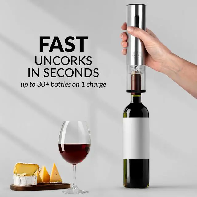 Alt view image 3 of 7 - Rechargeable Electric Wine Opener Set with Storage Base - Automatic Corkscrew Wine Bottle Opener, Pourer, Foil Cutter & Vacuum Stopper - Stainless Steel Wine Gift Set, Silver