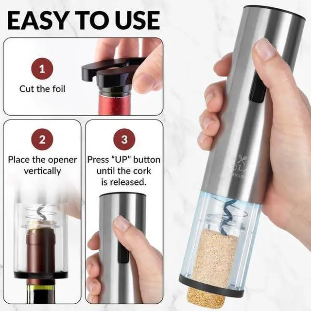 Alt view image 6 of 7 - Rechargeable Electric Wine Opener Set with Storage Base - Automatic Corkscrew Wine Bottle Opener, Pourer, Foil Cutter & Vacuum Stopper - Stainless Steel Wine Gift Set, Silver