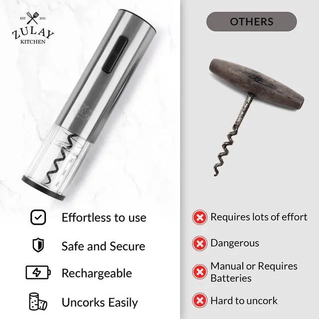 Alt view image 7 of 7 - Rechargeable Electric Wine Opener Set with Storage Base - Automatic Corkscrew Wine Bottle Opener, Pourer, Foil Cutter & Vacuum Stopper - Stainless Steel Wine Gift Set, Silver